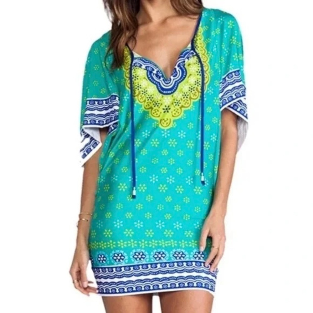 Trina Turk Seychelles Tunic Mini Dress Swim Cover Up Green Blue Beads on Ties